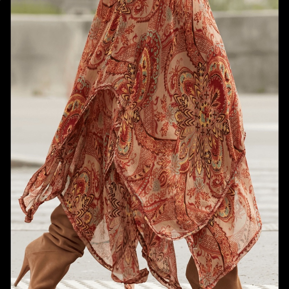 Ralph Lauren Paisley Brown Cream Rust Silk Handkerchief Hem Skirt, 8